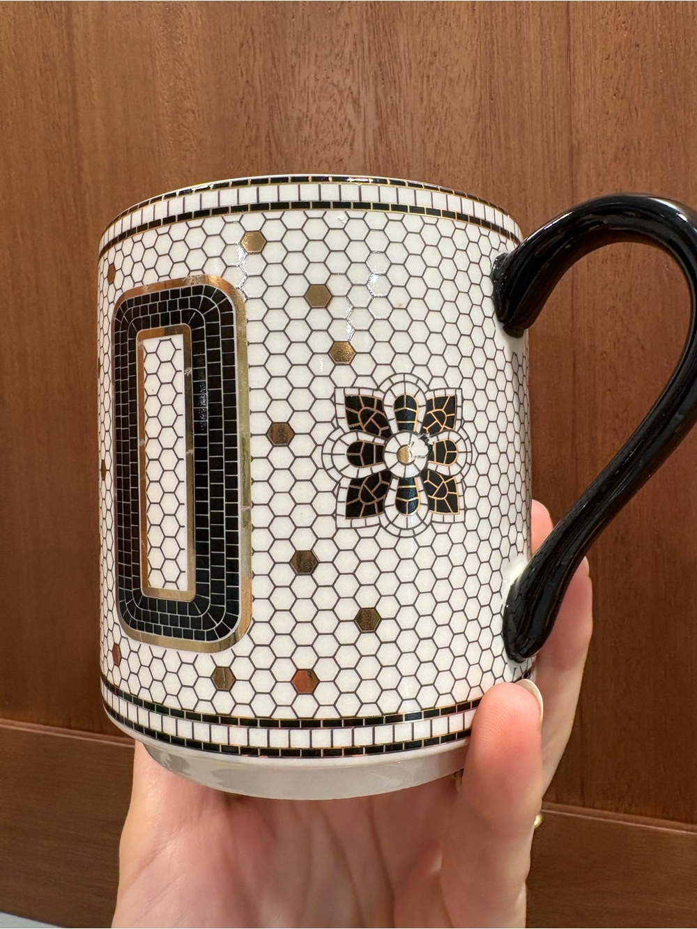 Anthropologie Tiled Margot Monogram Coffee Tea Mug Letter O Black Ivory White - Picture 3 of 6